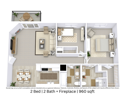 Floor plan for 2 beds, 2 baths, 960 sqft